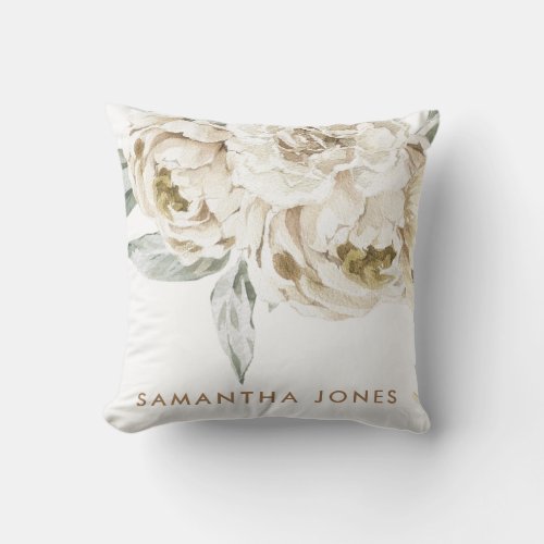 Minimalist Modern White Peonie Floral Watercolor Throw Pillow