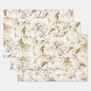 Minimalist Modern White Peonie Floral Watercolor Wrapping Paper Sheets