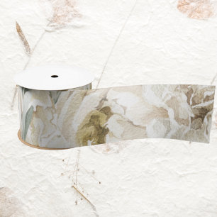 Minimalist Modern White Peonie Vintage Floral Satin Ribbon