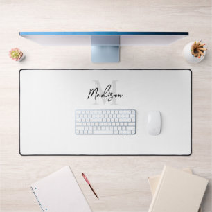 Minimalist Modern White Script Monogram Name Desk Mat