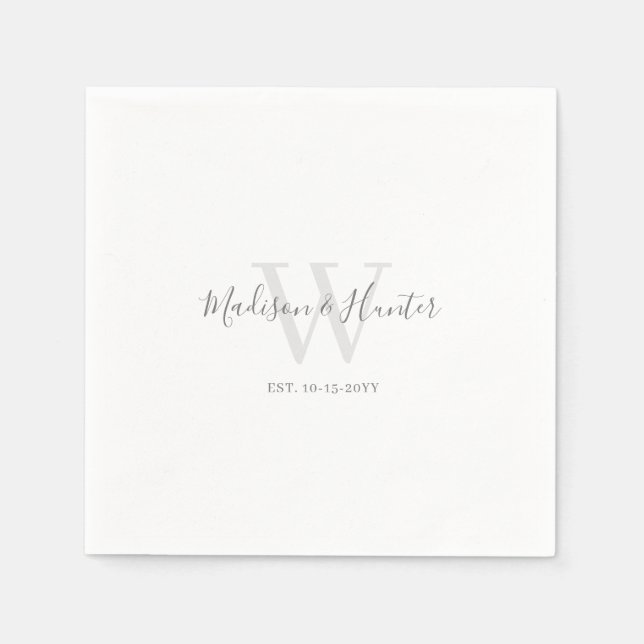 Minimalist Modern White Script Monogram Wedding Napkins (Front)