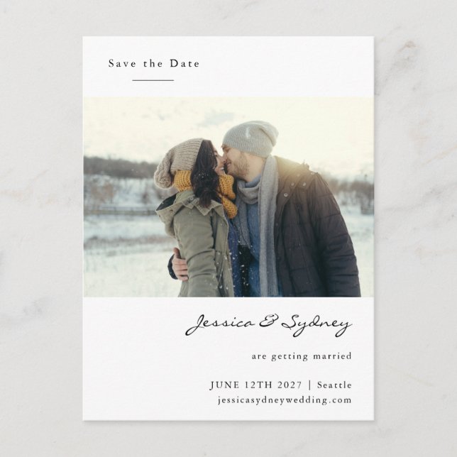 Minimalist Modern White Script Photo Save The Date Postcard (Front)