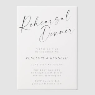 Minimalist Modern White Script Rehearsal Dinner Vellum Invitations