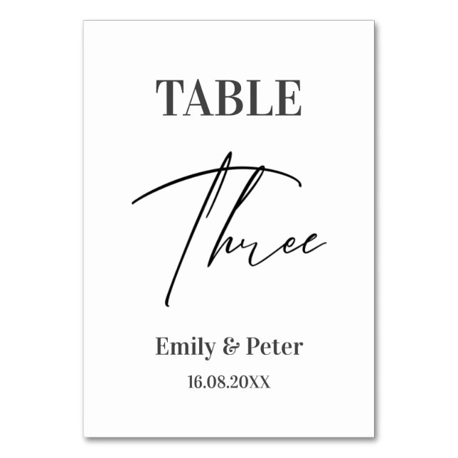 Minimalist Modern White WEDDING Party Number THREE Table Number (Front)