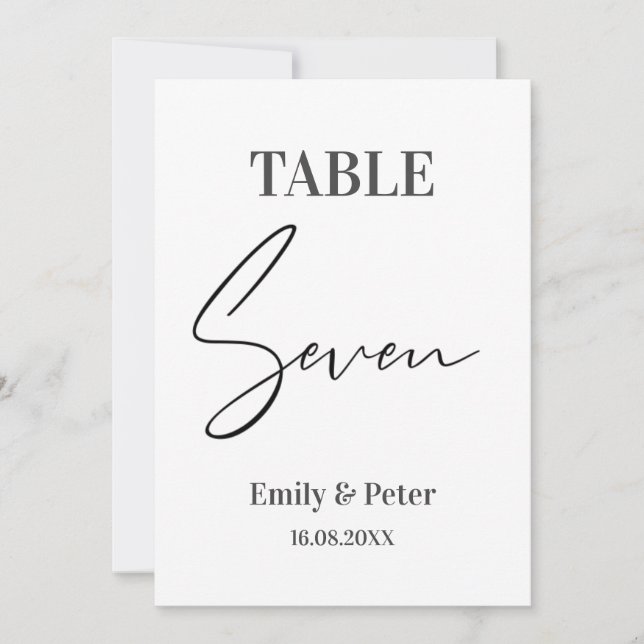 Minimalist Modern White WEDDING SEVEN Table Number (Front)