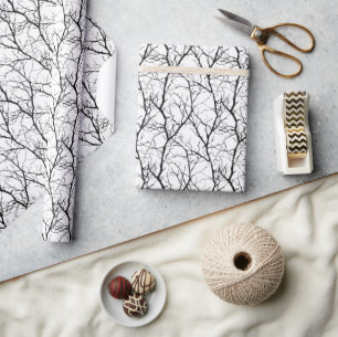 Minimalist Modern Winter Twigs Black White Wrapping Paper