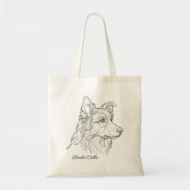 Minimalist Monochrome Border Collie Line Art Tote Bag (Front)