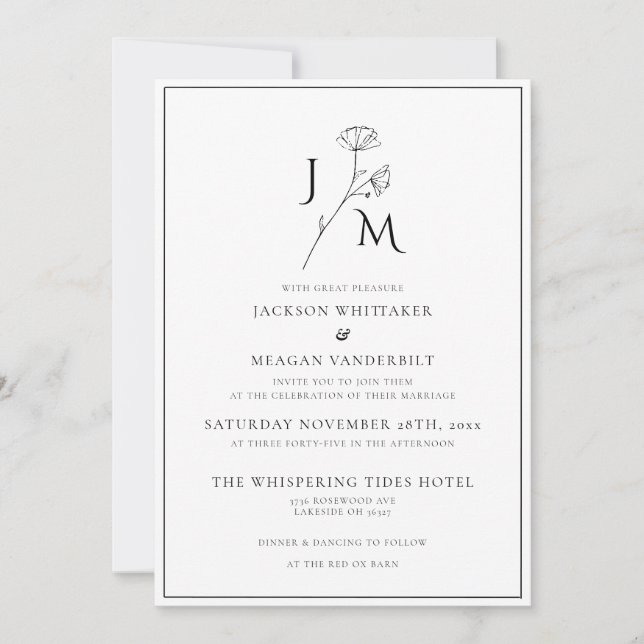 Minimalist Monochrome Elegant Monogram Wedding  Invitation (Front)