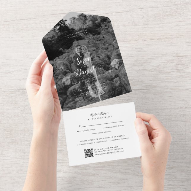 Minimalist Monochrome Wedding Photo QR Code All In One Invitation (Tearaway)