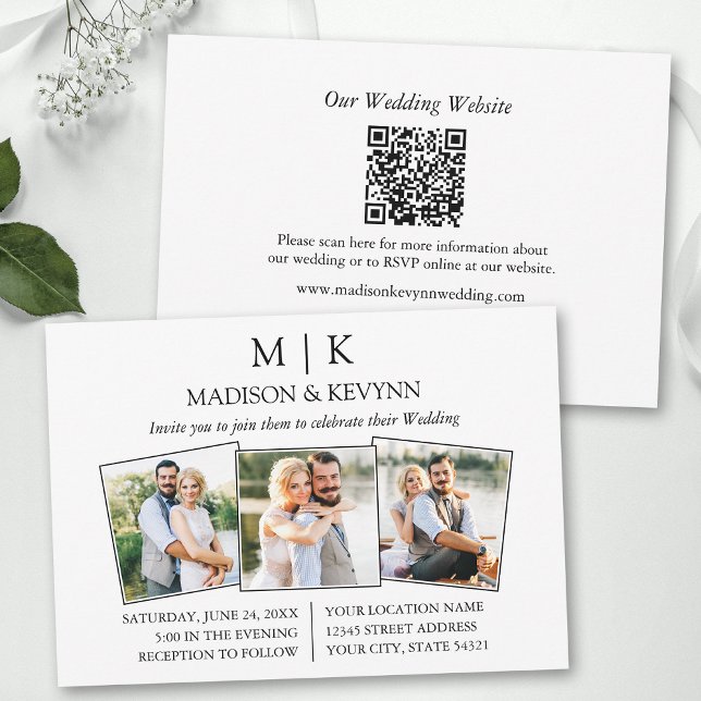 Minimalist Monogram 3 Photo QR Code Wedding Invitation (Add your wedding website or social media web address to the QR Scan Code.)