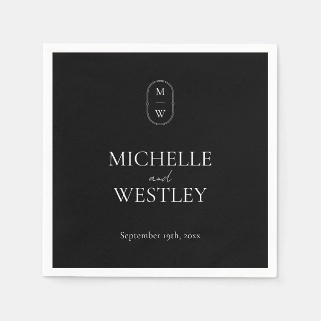 Minimalist Monogram Black and White Wedding Napkins (Front)