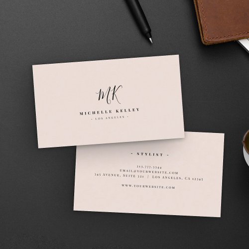 Minimalist Monogram Black Blush Elegant Script Business Card