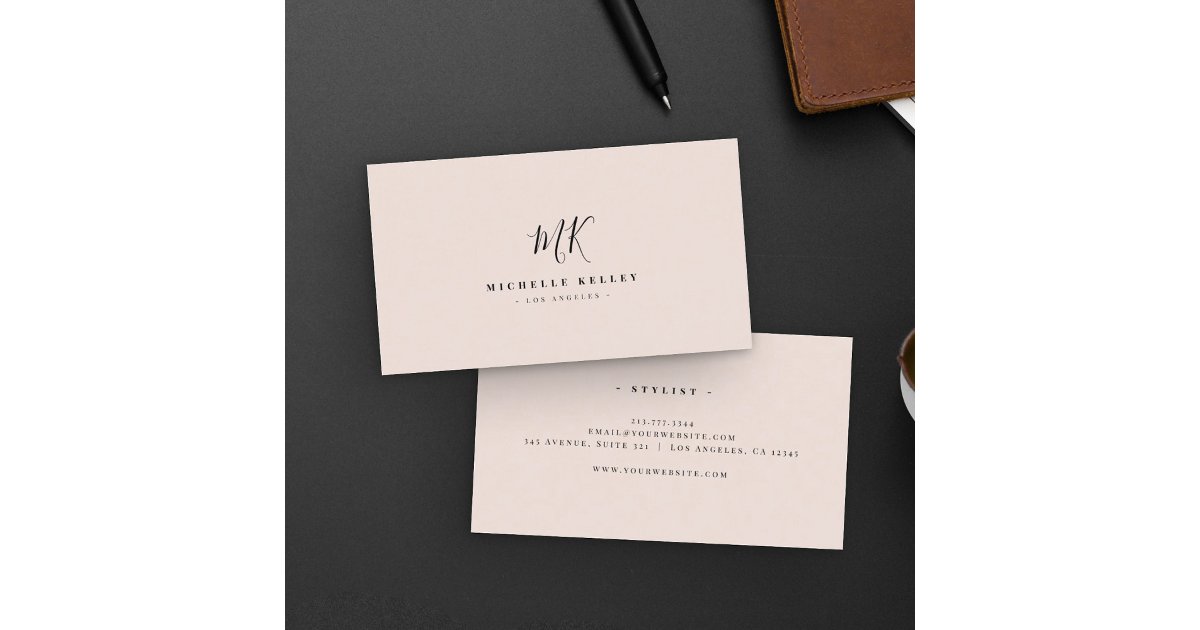 Minimalist Monogram Black Blush Elegant Script Business Card | Zazzle