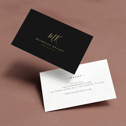 Minimalist Monogram Black Gold Elegant Script Business Card