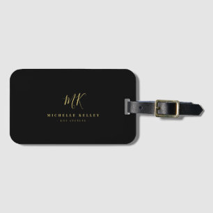 Minimalist Monogram Black Gold Elegant Script Luggage Tag