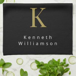 Minimalist Monogram Black Gold White Modern Men Kitchen Towel