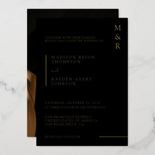 Minimalist Monogram Black Photo Wedding Gold Foil Invitation