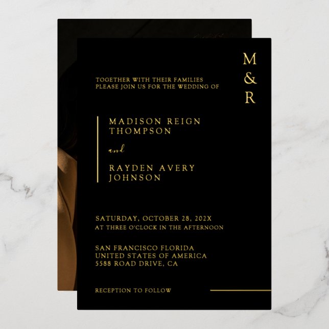 Minimalist Monogram Black Photo Wedding Gold Foil Invitation (Front/Back)