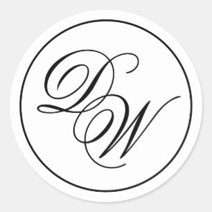 Minimalist Monogram Black White 2 Initials Script Classic Round Sticker