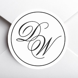 Minimalist Monogram Black White 2 Initials Script Classic Round Sticker