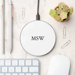 Minimalist monogram black white initials elegant wireless charger 