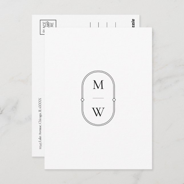 Minimalist Monogram Black & White Save the Date Postcard (Front/Back)