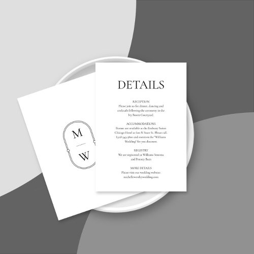 Minimalist Monogram Black  White Wedding Details Enclosure Card