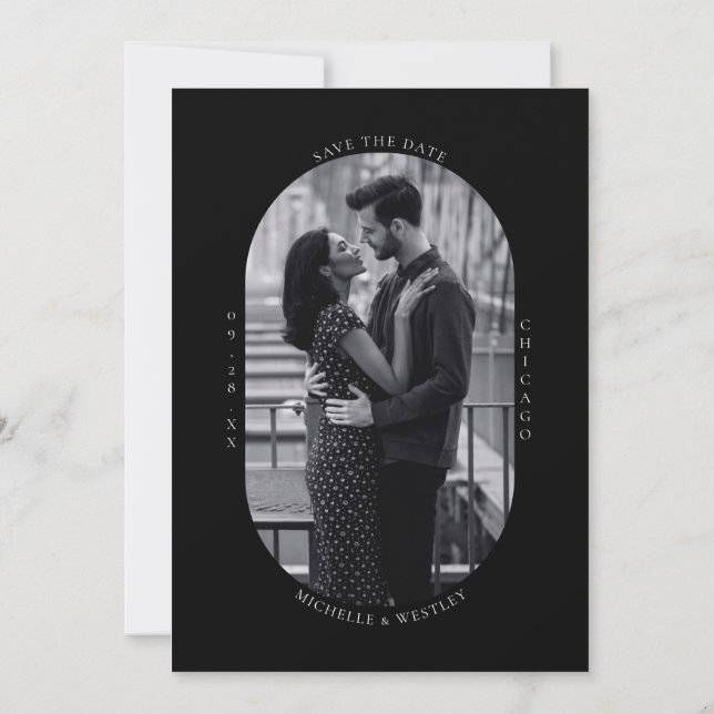 Minimalist Monogram Black & White Wedding Photo Save The Date (Back)