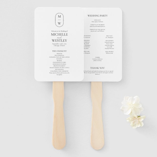 Minimalist Monogram Black & White Wedding Program Hand Fan (Front and Back)