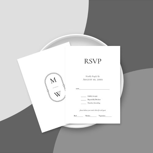 Minimalist Monogram Black White Wedding RSVP  Card