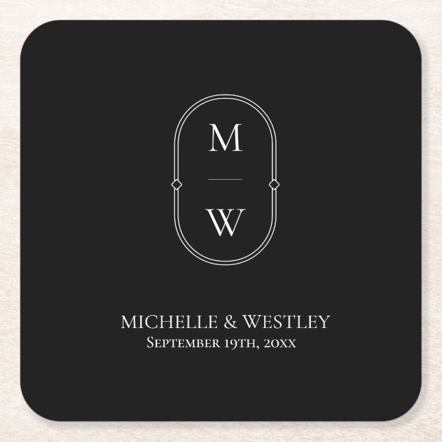 Minimalist Monogram Black & White Wedding Square Paper Coaster (Front)