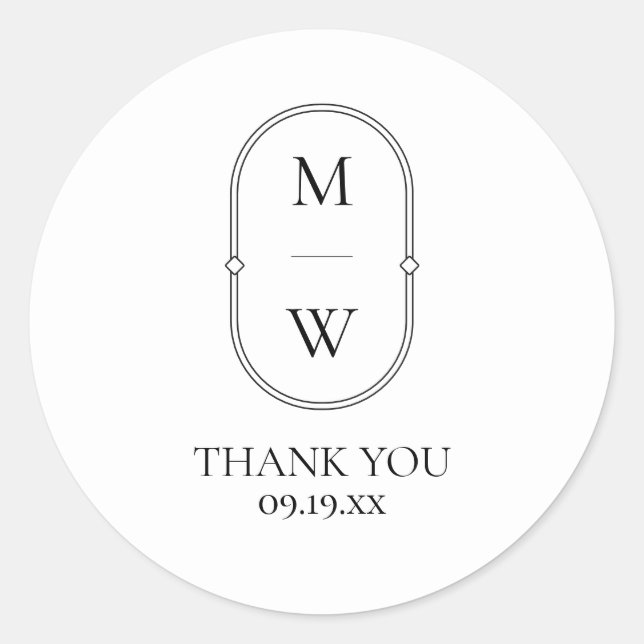 Minimalist Monogram Black White Wedding Thank You Classic Round Sticker (Front)