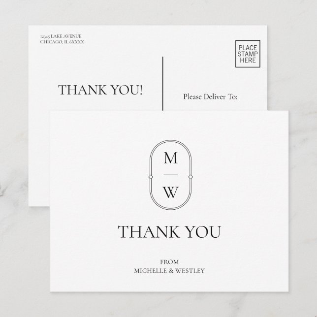 Minimalist Monogram Black White Wedding Thank You Postcard (Front/Back)