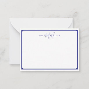 Minimalist Monogram Blue Pointed Curve Border Note Card