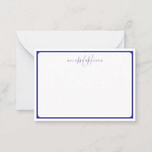 Minimalist Monogram Blue Pointed Curve Border Note Card (Front)