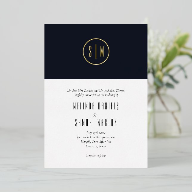 Minimalist Monogram Blue White Wedding Gold  Foil Invitation (Standing Front)