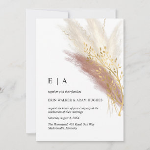 Minimalist Monogram Boho Pink Gold Pampas Grass Invitation