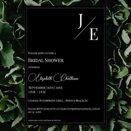 Minimalist Monogram Bridal Shower  Black Invitation