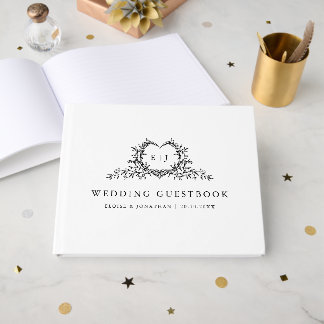 Minimalist Monogram Calligraphy Crest Wedding Guest Book