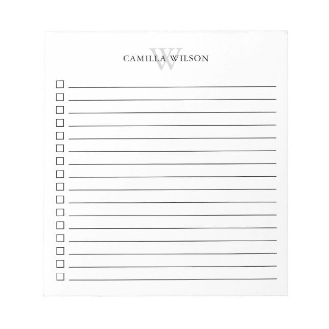 Minimalist Monogram Check Box To Do List Notepad (Front)