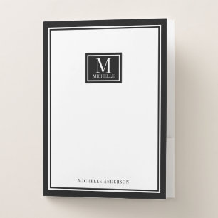 Minimalist Monogram Chic Double Boarder Navy Blue Pocket Folder
