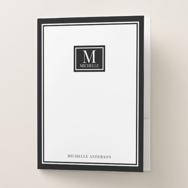 Minimalist Monogram Chic Double Boarder Navy Blue Pocket Folder (Front)