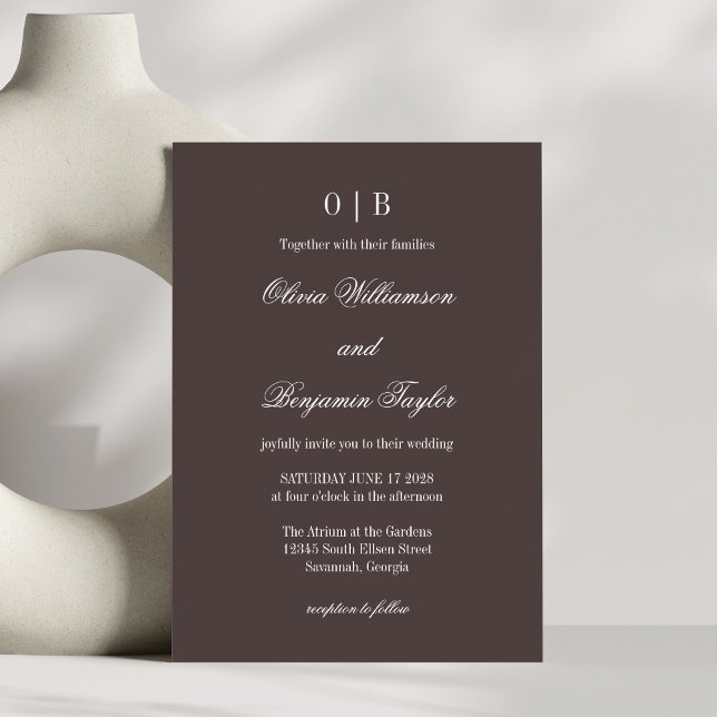 Minimalist Monogram Classic Coffee Brown Wedding Invitation (Creator Uploaded)