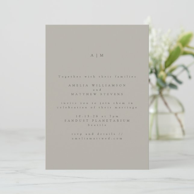 Minimalist Monogram Classic Taupe Gray Wedding Invitation (Standing Front)