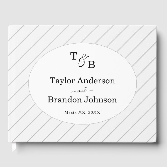 Minimalist Monogram Custom Gray Striped Wedding Guest Book (Front)