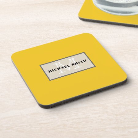 Minimalist Monogram Deep Lemon Background Beverage Coaster