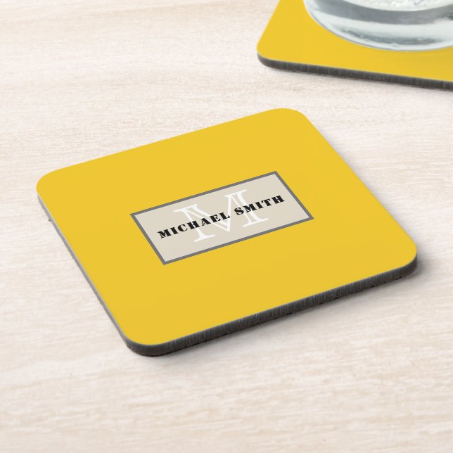 Minimalist Monogram Deep Lemon Background Beverage Coaster (Left Side)