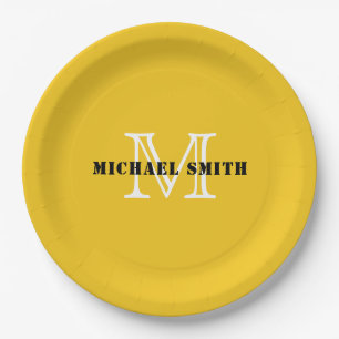 Minimalist Monogram Deep Lemon Background Paper Plates