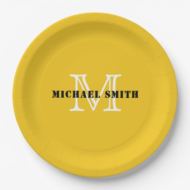 Minimalist Monogram Deep Lemon Background Paper Plates (Front)