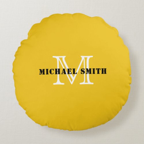 Minimalist Monogram Deep Lemon Background Round Pillow